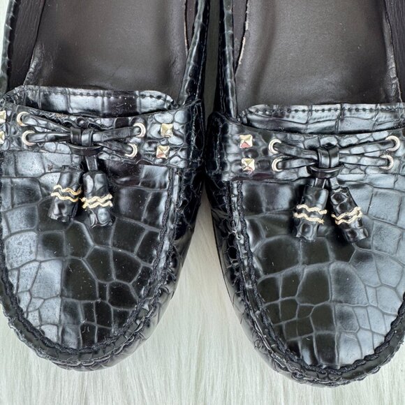 Women's Stuart Weitzman Genuine Leather Croc Embossed Tassel Loafer Sz 9M Black - Picture 2 of 7